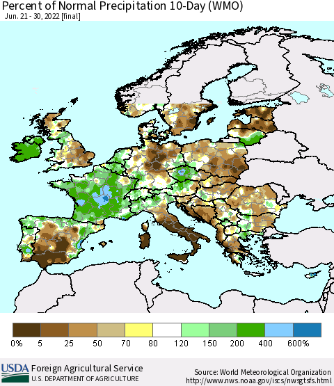 Europe Percent of Normal Precipitation 10-Day (WMO) Thematic Map For 6/21/2022 - 6/30/2022