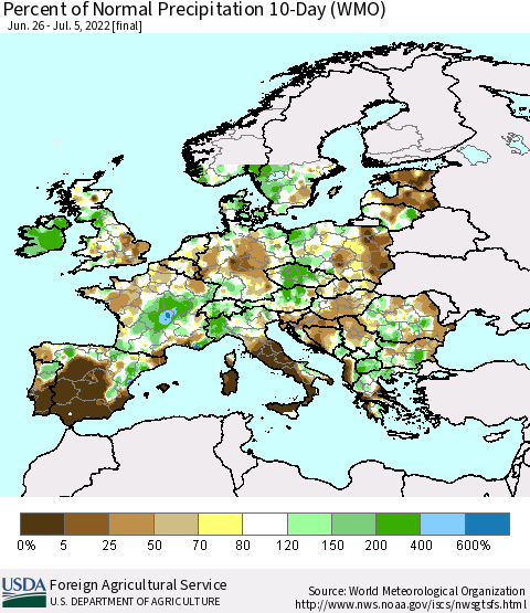 Europe Percent of Normal Precipitation 10-Day (WMO) Thematic Map For 6/26/2022 - 7/5/2022