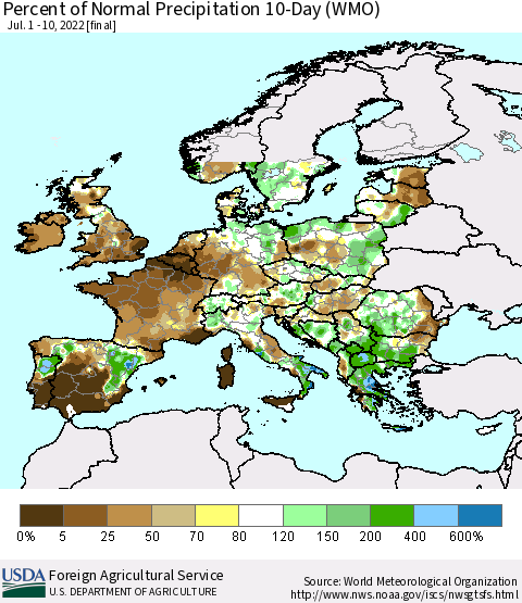 Europe Percent of Normal Precipitation 10-Day (WMO) Thematic Map For 7/1/2022 - 7/10/2022