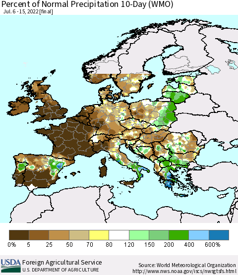 Europe Percent of Normal Precipitation 10-Day (WMO) Thematic Map For 7/6/2022 - 7/15/2022