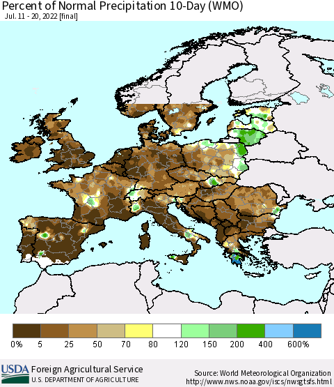 Europe Percent of Normal Precipitation 10-Day (WMO) Thematic Map For 7/11/2022 - 7/20/2022