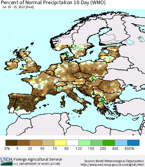 Europe Percent of Normal Precipitation 10-Day (WMO) Thematic Map For 7/16/2022 - 7/25/2022