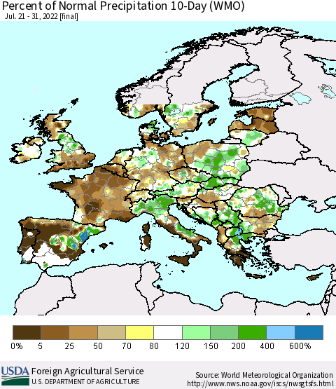Europe Percent of Normal Precipitation 10-Day (WMO) Thematic Map For 7/21/2022 - 7/31/2022