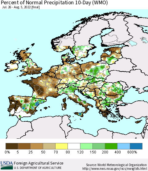Europe Percent of Normal Precipitation 10-Day (WMO) Thematic Map For 7/26/2022 - 8/5/2022
