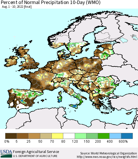 Europe Percent of Normal Precipitation 10-Day (WMO) Thematic Map For 8/1/2022 - 8/10/2022