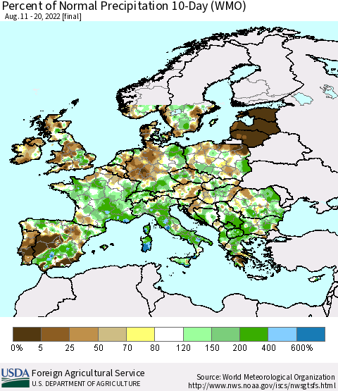 Europe Percent of Normal Precipitation 10-Day (WMO) Thematic Map For 8/11/2022 - 8/20/2022
