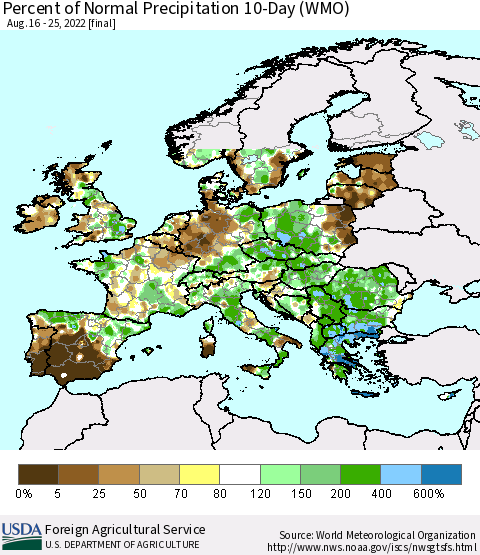 Europe Percent of Normal Precipitation 10-Day (WMO) Thematic Map For 8/16/2022 - 8/25/2022