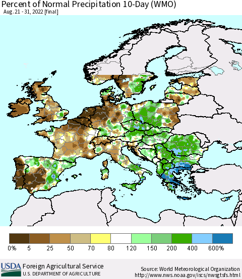 Europe Percent of Normal Precipitation 10-Day (WMO) Thematic Map For 8/21/2022 - 8/31/2022