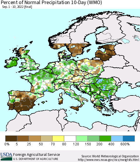 Europe Percent of Normal Precipitation 10-Day (WMO) Thematic Map For 9/1/2022 - 9/10/2022