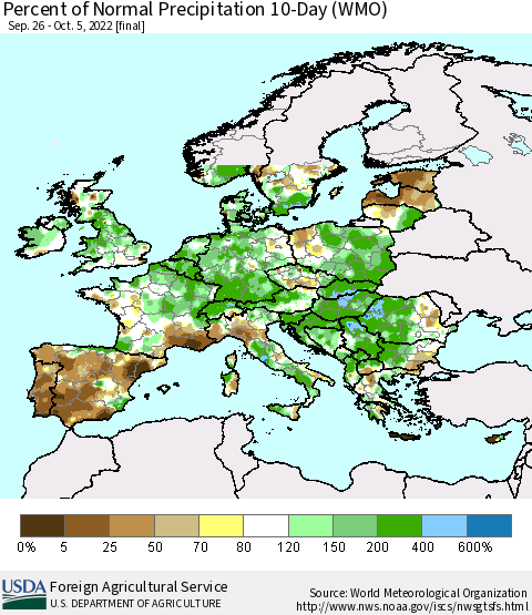 Europe Percent of Normal Precipitation 10-Day (WMO) Thematic Map For 9/26/2022 - 10/5/2022
