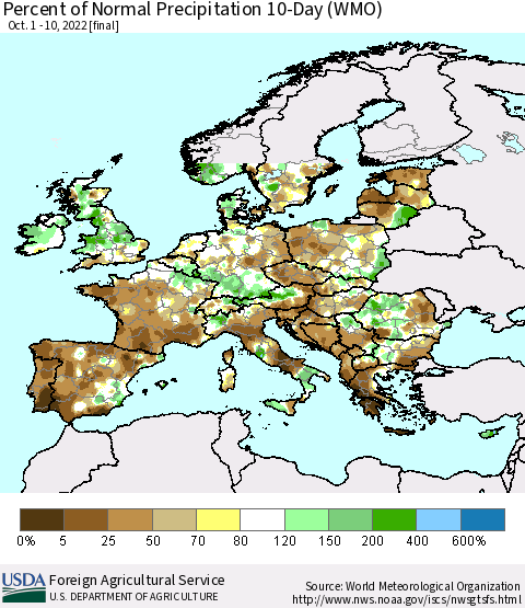 Europe Percent of Normal Precipitation 10-Day (WMO) Thematic Map For 10/1/2022 - 10/10/2022