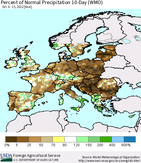 Europe Percent of Normal Precipitation 10-Day (WMO) Thematic Map For 10/6/2022 - 10/15/2022