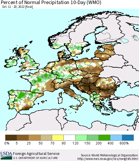 Europe Percent of Normal Precipitation 10-Day (WMO) Thematic Map For 10/11/2022 - 10/20/2022
