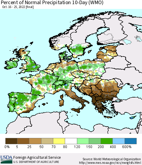 Europe Percent of Normal Precipitation 10-Day (WMO) Thematic Map For 10/16/2022 - 10/25/2022