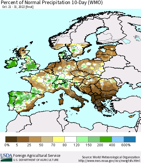 Europe Percent of Normal Precipitation 10-Day (WMO) Thematic Map For 10/21/2022 - 10/31/2022