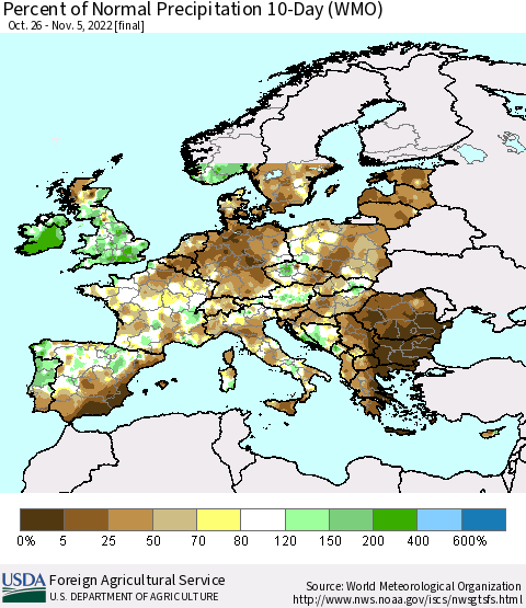Europe Percent of Normal Precipitation 10-Day (WMO) Thematic Map For 10/26/2022 - 11/5/2022