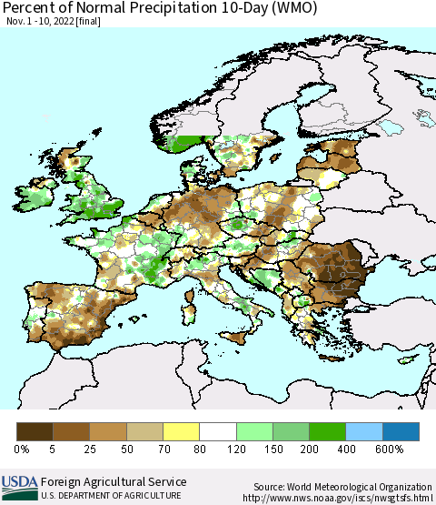 Europe Percent of Normal Precipitation 10-Day (WMO) Thematic Map For 11/1/2022 - 11/10/2022