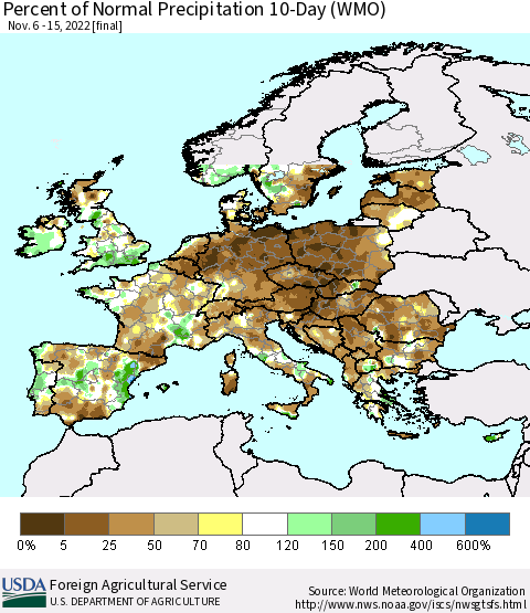 Europe Percent of Normal Precipitation 10-Day (WMO) Thematic Map For 11/6/2022 - 11/15/2022