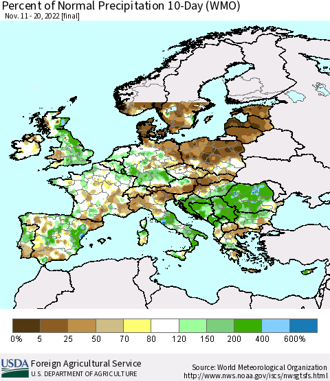 Europe Percent of Normal Precipitation 10-Day (WMO) Thematic Map For 11/11/2022 - 11/20/2022