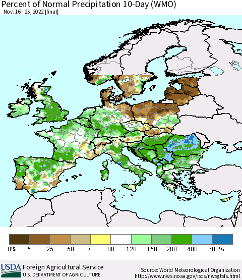 Europe Percent of Normal Precipitation 10-Day (WMO) Thematic Map For 11/16/2022 - 11/25/2022