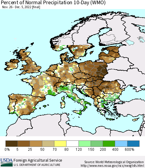 Europe Percent of Normal Precipitation 10-Day (WMO) Thematic Map For 11/26/2022 - 12/5/2022