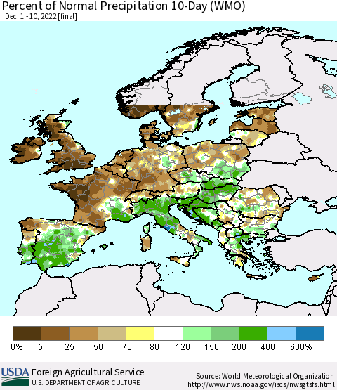 Europe Percent of Normal Precipitation 10-Day (WMO) Thematic Map For 12/1/2022 - 12/10/2022
