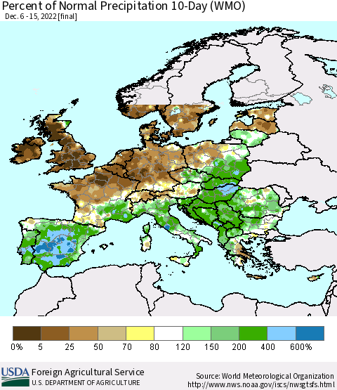 Europe Percent of Normal Precipitation 10-Day (WMO) Thematic Map For 12/6/2022 - 12/15/2022