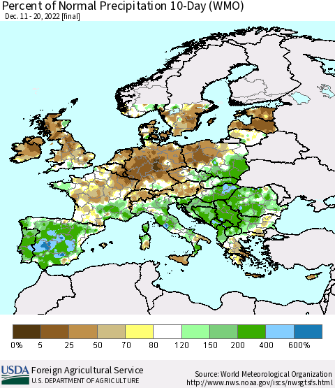 Europe Percent of Normal Precipitation 10-Day (WMO) Thematic Map For 12/11/2022 - 12/20/2022