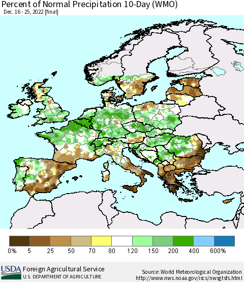 Europe Percent of Normal Precipitation 10-Day (WMO) Thematic Map For 12/16/2022 - 12/25/2022