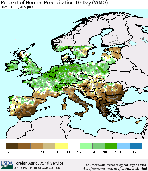 Europe Percent of Normal Precipitation 10-Day (WMO) Thematic Map For 12/21/2022 - 12/31/2022