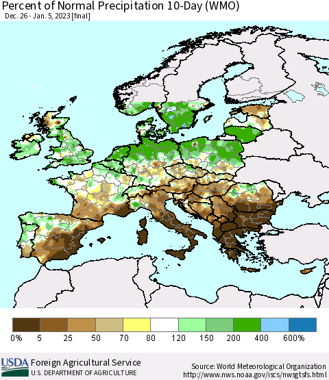 Europe Percent of Normal Precipitation 10-Day (WMO) Thematic Map For 12/26/2022 - 1/5/2023