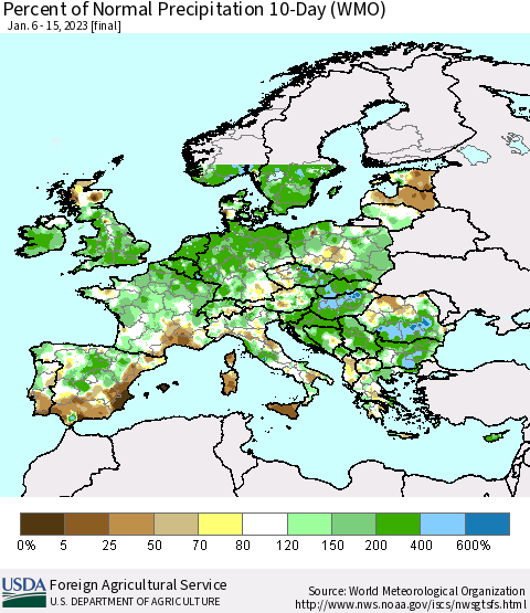 Europe Percent of Normal Precipitation 10-Day (WMO) Thematic Map For 1/6/2023 - 1/15/2023