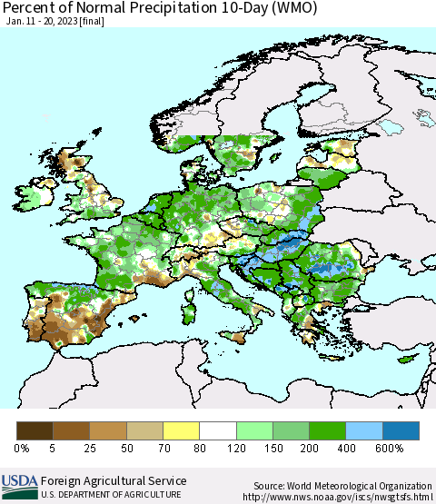 Europe Percent of Normal Precipitation 10-Day (WMO) Thematic Map For 1/11/2023 - 1/20/2023