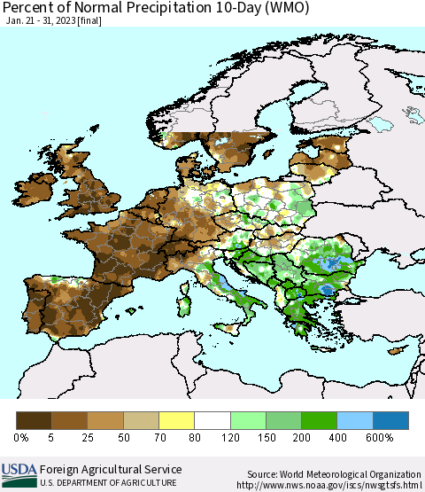 Europe Percent of Normal Precipitation 10-Day (WMO) Thematic Map For 1/21/2023 - 1/31/2023
