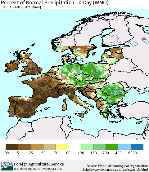Europe Percent of Normal Precipitation 10-Day (WMO) Thematic Map For 1/26/2023 - 2/5/2023