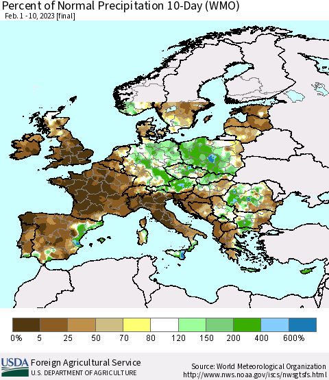 Europe Percent of Normal Precipitation 10-Day (WMO) Thematic Map For 2/1/2023 - 2/10/2023