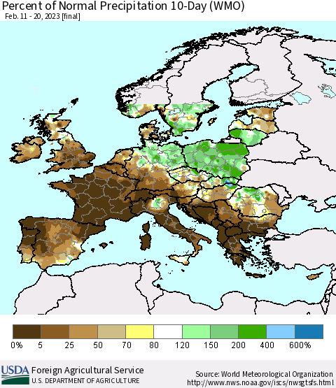 Europe Percent of Normal Precipitation 10-Day (WMO) Thematic Map For 2/11/2023 - 2/20/2023