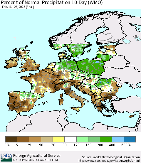 Europe Percent of Normal Precipitation 10-Day (WMO) Thematic Map For 2/16/2023 - 2/25/2023
