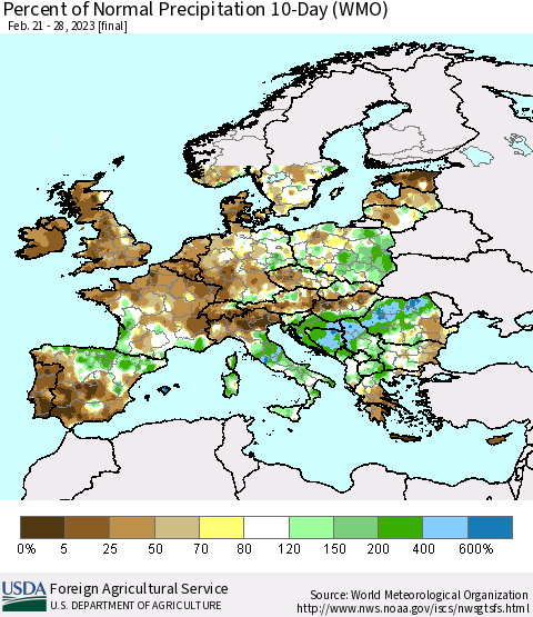 Europe Percent of Normal Precipitation 10-Day (WMO) Thematic Map For 2/21/2023 - 2/28/2023