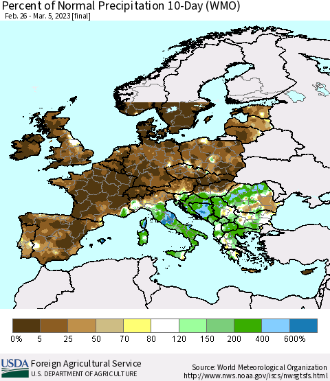 Europe Percent of Normal Precipitation 10-Day (WMO) Thematic Map For 2/26/2023 - 3/5/2023