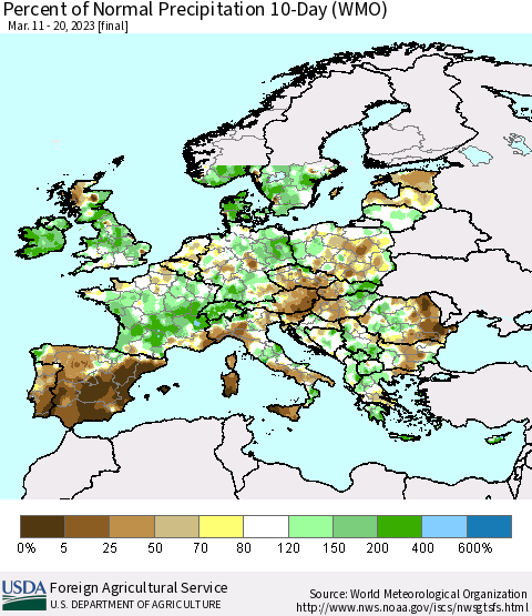 Europe Percent of Normal Precipitation 10-Day (WMO) Thematic Map For 3/11/2023 - 3/20/2023
