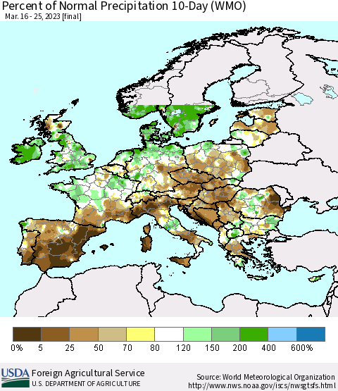 Europe Percent of Normal Precipitation 10-Day (WMO) Thematic Map For 3/16/2023 - 3/25/2023
