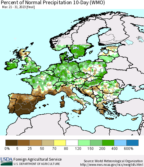 Europe Percent of Normal Precipitation 10-Day (WMO) Thematic Map For 3/21/2023 - 3/31/2023