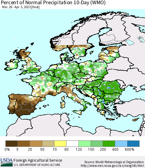 Europe Percent of Normal Precipitation 10-Day (WMO) Thematic Map For 3/26/2023 - 4/5/2023