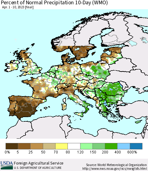 Europe Percent of Normal Precipitation 10-Day (WMO) Thematic Map For 4/1/2023 - 4/10/2023