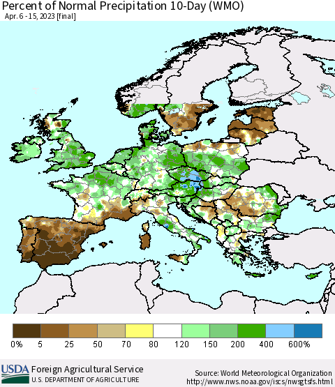 Europe Percent of Normal Precipitation 10-Day (WMO) Thematic Map For 4/6/2023 - 4/15/2023