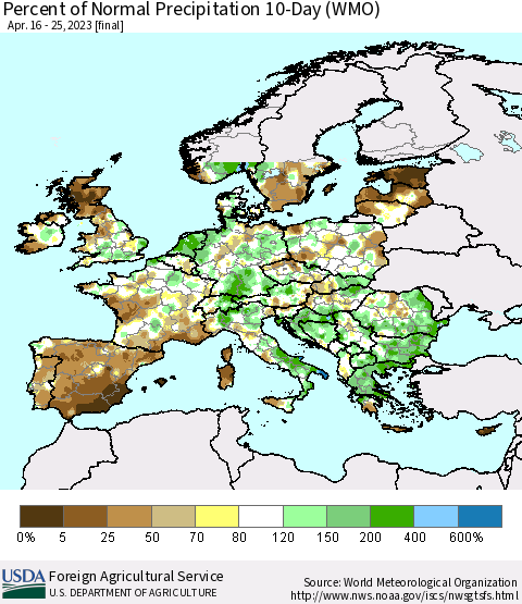 Europe Percent of Normal Precipitation 10-Day (WMO) Thematic Map For 4/16/2023 - 4/25/2023