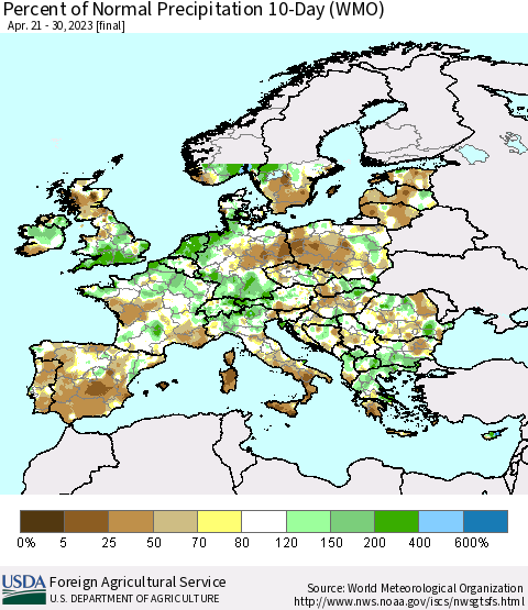 Europe Percent of Normal Precipitation 10-Day (WMO) Thematic Map For 4/21/2023 - 4/30/2023