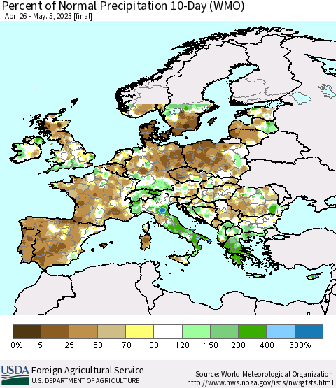 Europe Percent of Normal Precipitation 10-Day (WMO) Thematic Map For 4/26/2023 - 5/5/2023