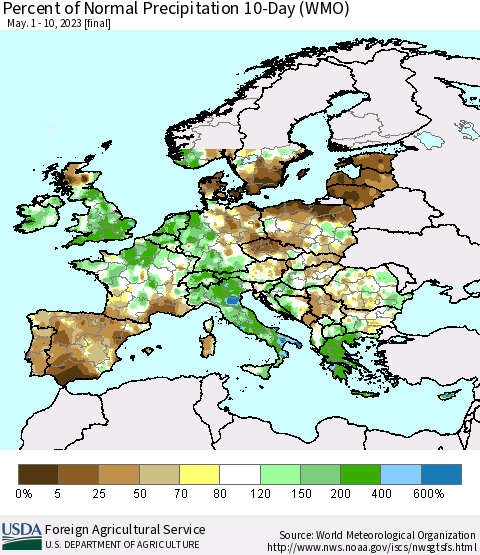 Europe Percent of Normal Precipitation 10-Day (WMO) Thematic Map For 5/1/2023 - 5/10/2023